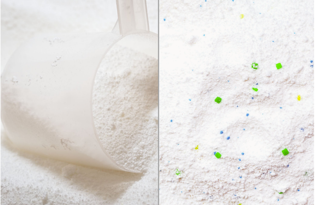 comparison between normal washing powder and colored washing powder